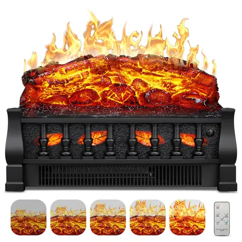 R.W.FLAME 21" Electric Fireplace Insert Log Heater, 750W/1500W Adjustable Heating Temperature, 5 Flame Brightness & Speed Settings, Realistic Ember Bed, Traditional Brown Logs, Overheat Protection, Remote Control