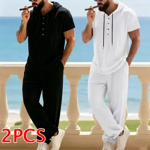 Men’s lightweight two-piece set with a hood, casual vacation style, loose and breathable thin fabric, hooded sweatshirt and wide-leg pants, for summer wear