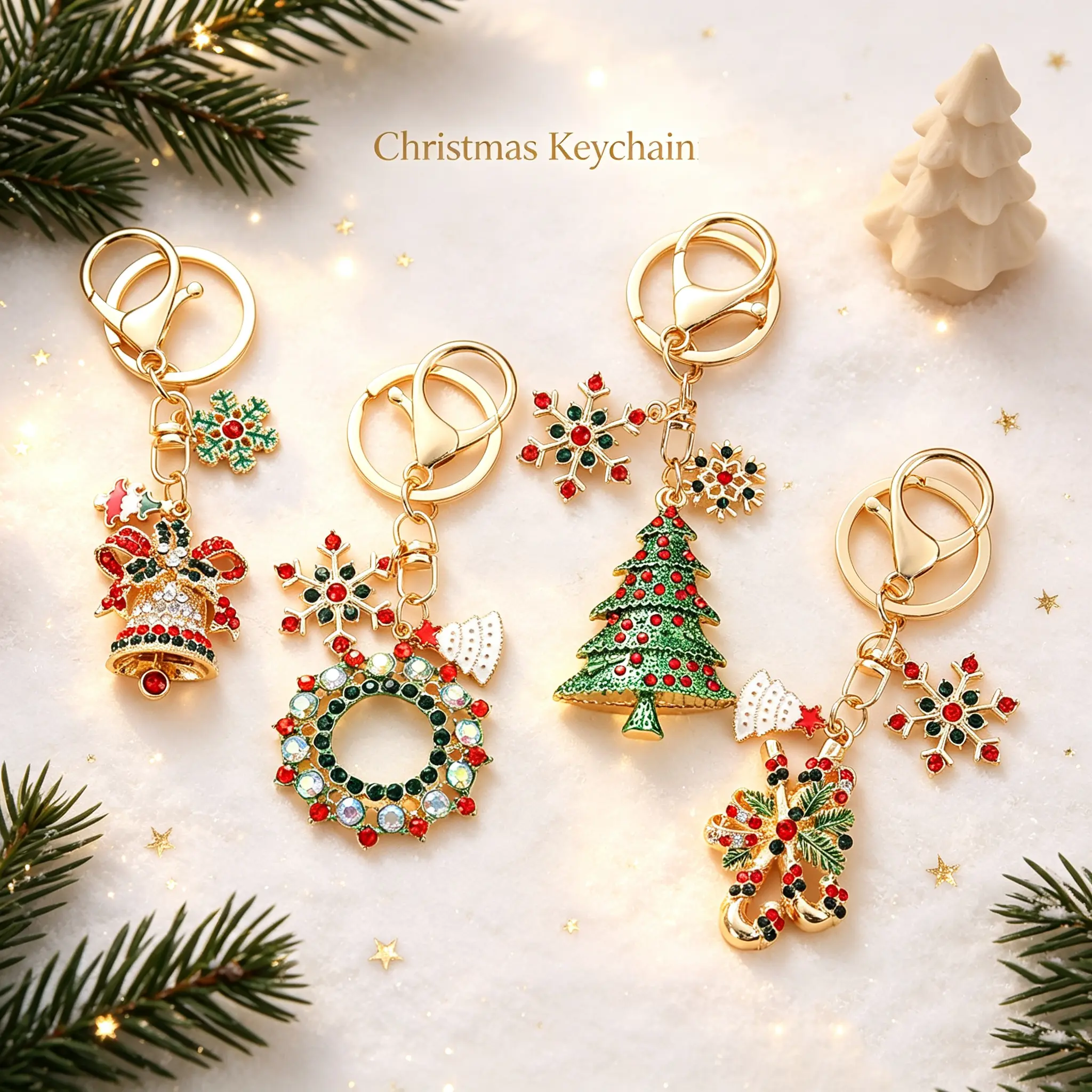 Christmas Themed Keychains – Snowflake, Christmas Tree & Bell Alloy Enamel Pendants for Bags & Keys