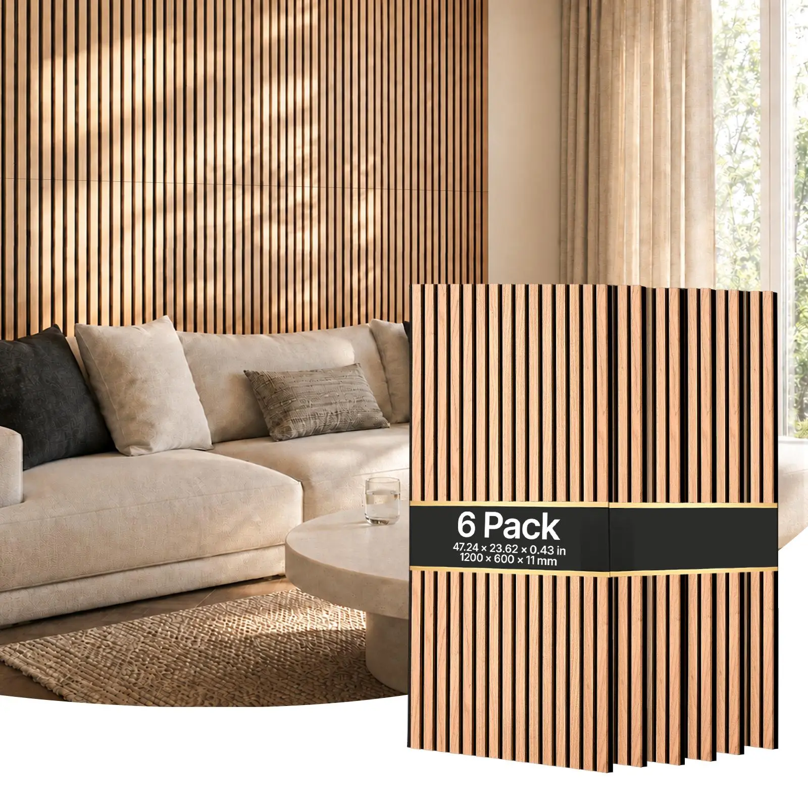 VEVOR Modern Rectangular Acoustic Slats, 47.2x23.6in Walnut Wood Grain Effect 3D MDF & PET Sound Absorbing Wall Panels for Indoor Living Rooms, 6-Pack with Included Screw Kit, SohoChic Box Pack, Wood Grain Effect 3D Wall Panels