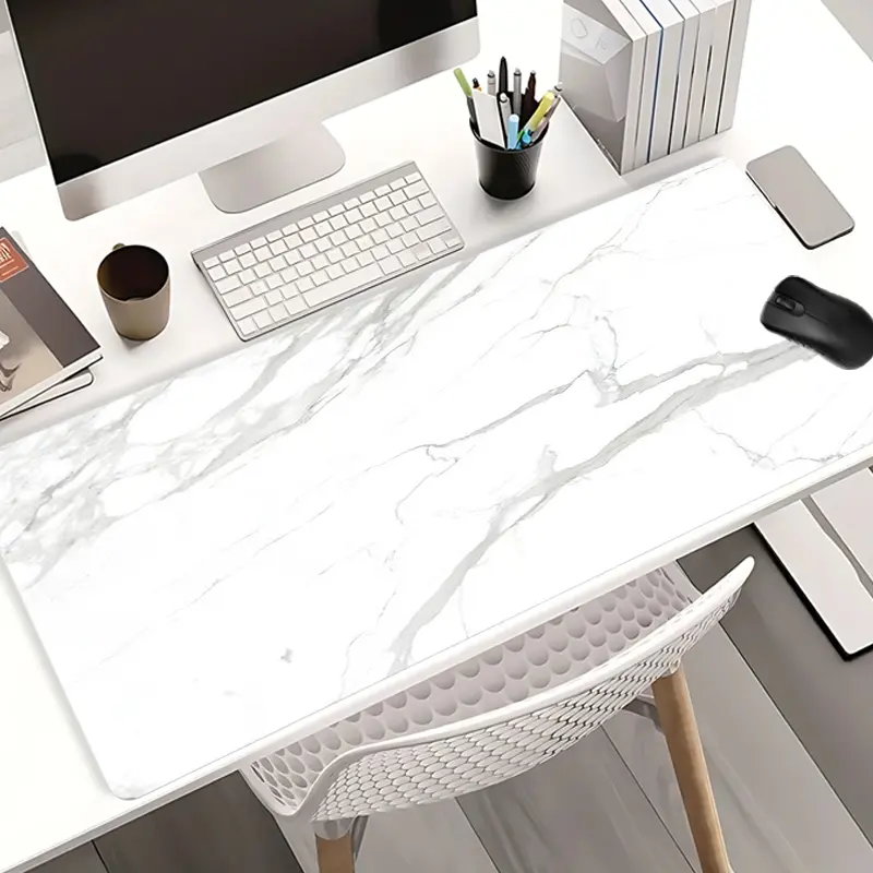 Pure White Marble Mouse Pads Extra Large Computer Desk Top Mat, Non - Slip Rubber Base & Stitched Edge, Minimalist Stone Decor for Home Office, Desk Mats
