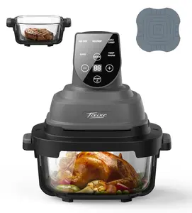 5-in-1 Non-Toxic Glass Air Fryer (1500W), 4-Quart Pot + Dust Cover and 6-Cup Glass Container + Sealing Lid Portable Smart Air Fryer with Silicone Pad, Freezer/Dishwasher Safe Kitchen Appliance