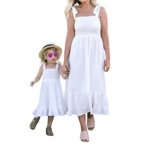 YSHWHWTS Mommy And Me Dresses Family Matching Outfits Solid Color Tie-Up Spaghetti Strap A-Line Vacation Beach Long Dresses