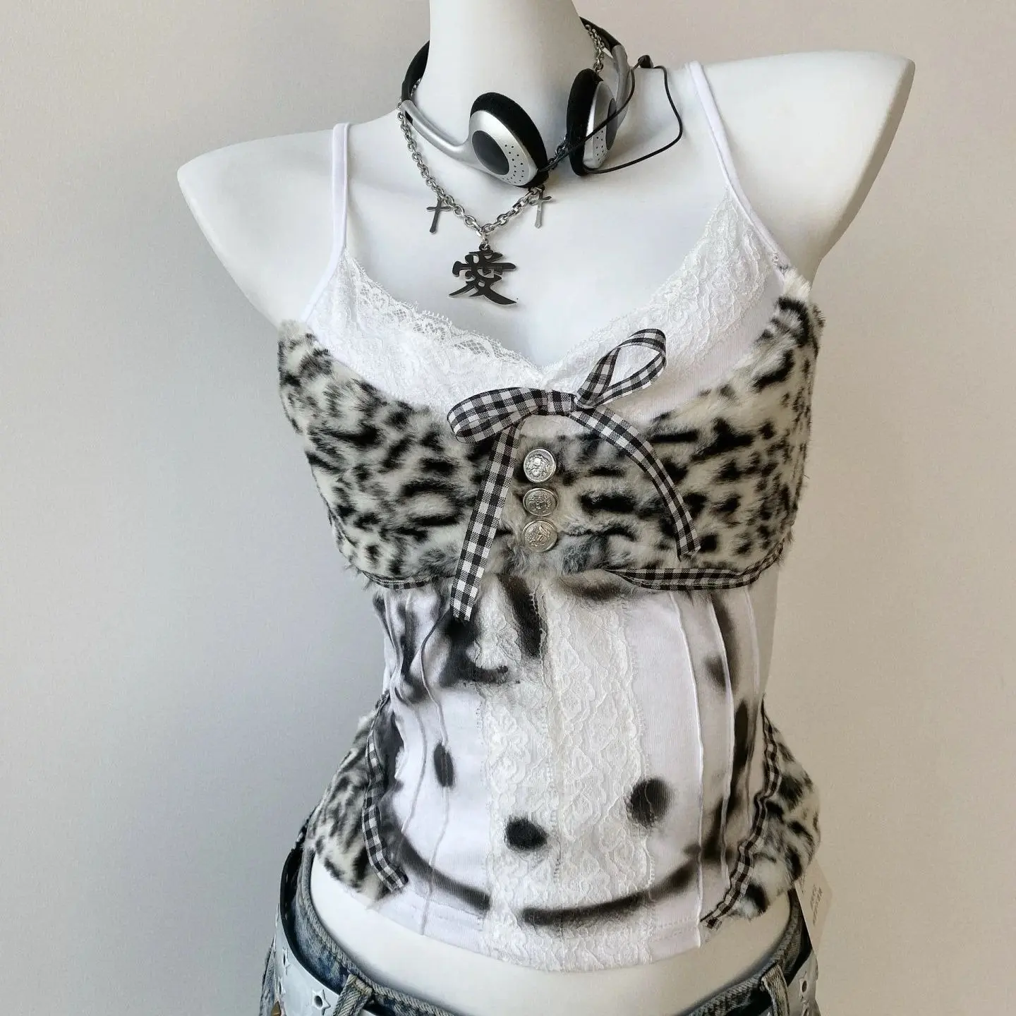 Y2K Leopard Faux Fur Corset Top Gingham Bow Rhinestone Button Slim‑Fit Sleeveless Bustier