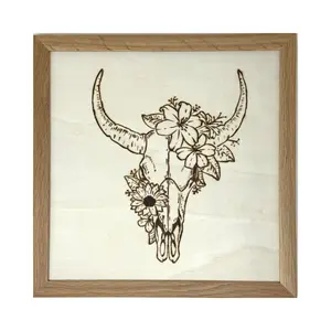 Vintage Floral cow skull wall art, boho art, indie room décor, wall décor, wood burned art