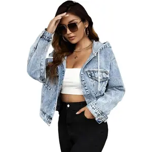 Long Sleeve Hooded Denim Jacket Button Down Washed Blue with Pockets