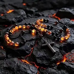 Mai Rui Natural Obsidian Yooperlite Rosary Necklace UV Reactive Protection Necklace Hematite Stone Cross Pendant Necklace Gift for her, gift for him