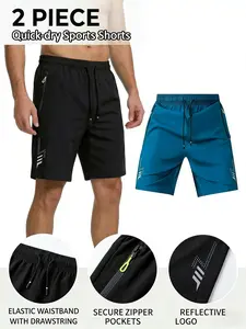Men's 2-Pack Quick-Dry Breathable Lightweight Training Shorts with Elastic Waistband Secure Zipper Pockets & Reflective Logo Details - Tropical, Menswear