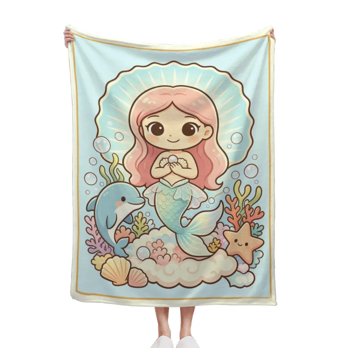 Cute Mermaid Little Girl Underwater Sea Creatures Pastel Throw Blanket Kawaii Ocean Princess Kids Room Decor Blanket