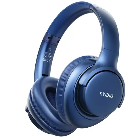 KVIDIO Wireless Bluetooth Over-Ear Headphones, foldable design, 65-hour battery life, lightweight and collapsible, built-in microphone for calls, ideal for long commutes, compatible with iOS/Android/PC, black
