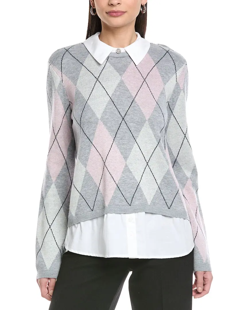 CeCe Argyle Twofer Wool-Blend Sweater