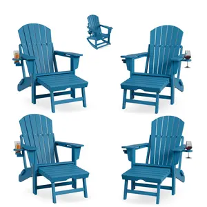 Folding Adirondack Rocking Chairs Set with Retractable Ottoman – All-Weather HDPE Patio Chairs, Dual Cup Holders, Footrest, Portable Outdoor Rocker for Garden, Porch, or Yard, Classic, Adirondack Shape
