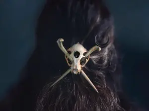 Cat Hand-Painted Resin Faux Skull Hair Pin Fascinator- Unique Handmade Wearable Art Accessory, Perfect For Costumes, Dark And Elegant