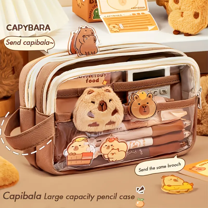 Cute Otter Pencil Case Set with Lock Cartoon Canvas Storage Box, Transparent Divider Design, Can Store Brooches, Stickers, Accessories, and Notebooks