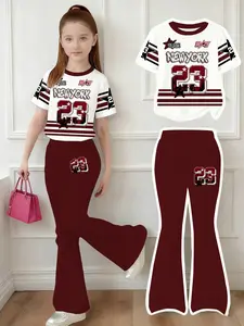 Girls Summer Breathable Comfort Fashion Casual Set, Round Neck Short Sleeve T-Shirt + Bell Bottom Pants Two-Piece, Outdoor Wear Essential, Striped Sets