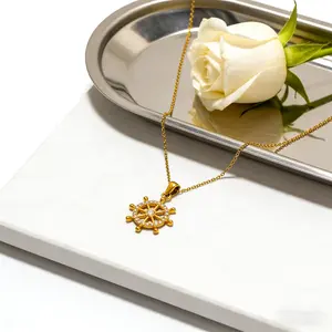 Gold Ship Wheel Pendant Necklace | 24K Gold Plated Tarnish-Free Rhinestone Jewelry | Nautical Inspired Dainty Necklace for Daily & Night Wear