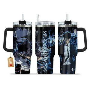 [Sip40 Otaku] Solo Leveling Sung Jin-Woo 40oz Tumbler With Handle – Shadow Monarch Stainless Steel Travel Mug, Anime Iced Coffee Cup, Manhwa Gift for Otaku & Gamer