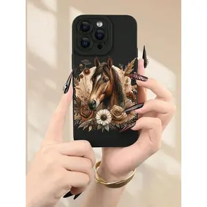 1pc Floral Horse 2D Printing Creative Stylish Horse Print Pattern, Suitable Gift For Friends, Family, Couples, Yourself For Thanksgiving, Christmas, New Year. Black Matte Soft Shell With Full Body Protection, Dust-Proof, Waterproof Compatible With Apple