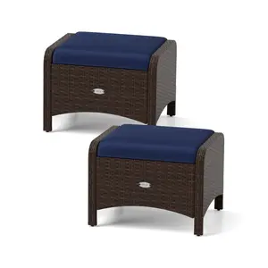 2 Pieces Outdoor Patio PE Wicker Ottomans with Removable Cushions