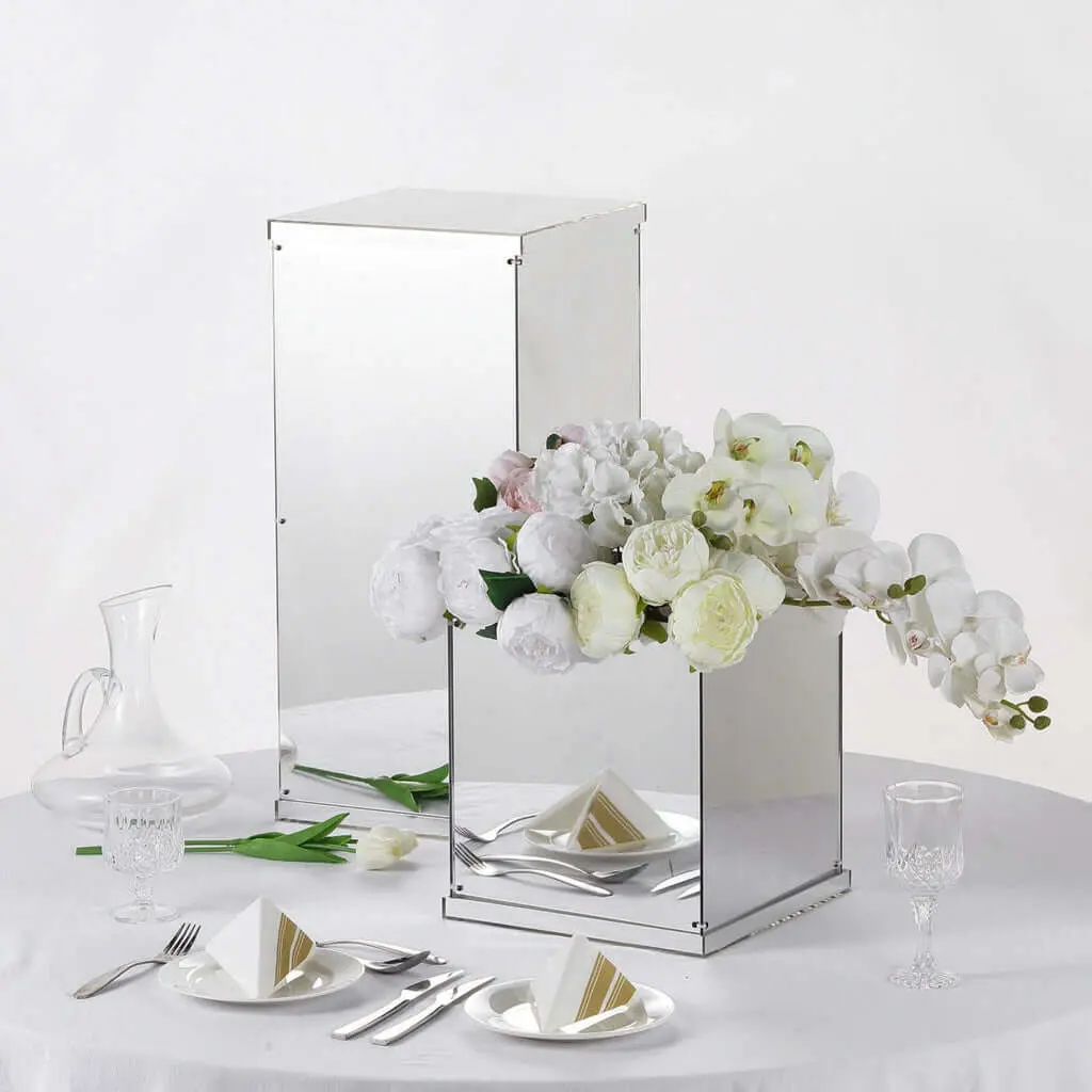 Silver Mirrored Acrylic Pedestal Riser Display Box - 12" Centerpiece Organizer with Interchangeable Lid and Base, Mirrored Storage Organizer