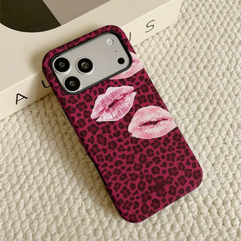 Phone Case - 1 Anti-Fall Minimalist High-End Pink Lip Print Leopard Pattern Phone Case, Two-In-One Film Hard TPU Material Phone Case, Suitable for iPhone 17 Air 16 15 Plus 14 13 ProMax 12 11 Pro X Xs Max XR 8 7