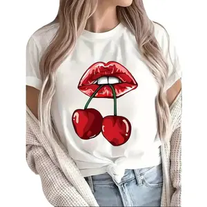 Women's Oversized Soft Cotton Cherry Graphic Tee, Vintage Red Fruit Aesthetic Print, Casual Short-Sleeve Crewneck Essential Loungewear, Slip-On Fabric Top for Summer Gifting