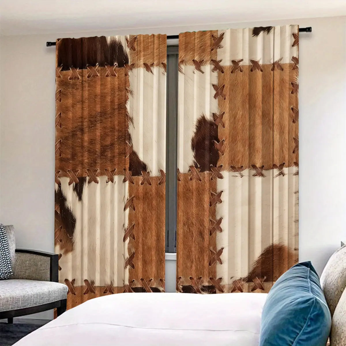 Vintage Cowhide Print Curtain Set, Home Decoration Curtain, Window Drapes, 2 Pieces, Retro Rough Style, Perfect for Living Room and Bedroom Decor, Unique Atmosphere Decoration