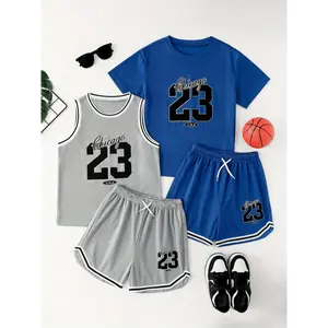 4pcs of Summer Casual Fashion 23 Letter Print Vest Plus Shorts And Short Sleeve Plus Shorts Two Sets of Basketball Uniforms, for Outdoor, Perfect for Outdoor