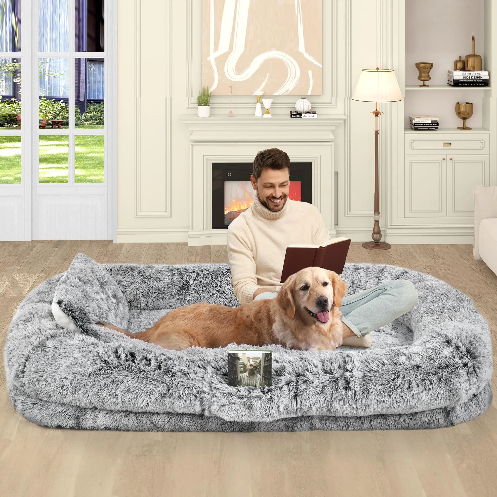 YITAHOME Ergonomic Human-Dog Bed, 79"x43" Extra Large Memory Foam Bed with Washable Fur Cover, Included Blanket & Pillow for Adults & Pets, Ergonomic Design