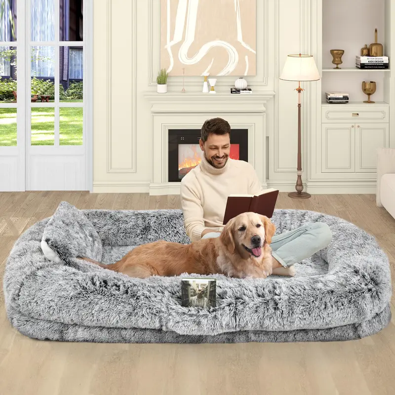YITAHOME Classic Ergonomic Human-Dog Shaped Bed for Adults, 79"x43" Extra Large Human-Size Lounging Memory Foam Bedding Set with Washable Faux Fur Cover, Pillow+Blanket Warm Inclusions, Phone Pocket, 190T Anti-Slip Bottom