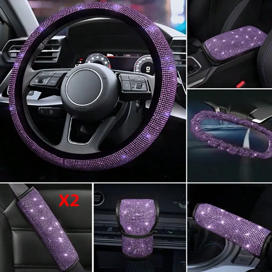 7-Piece Car Interior Accessories Set, Rhinestone Goddess Style, Includes Steering Wheel Cover, Rear View Mirror Cover, Console Pad, High-End Look, Car Decor Gift