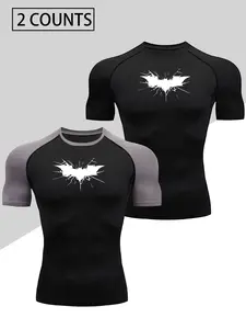 Men's two-piece short-sleeved round-neck lightweight quick-drying sports tight T-shirt with lightning batwing pattern, casual outdoor sports T-shirt.
