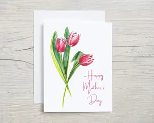 Mother's Day Card with Pink Tulips - Watercolor Greeting Card for Mom - Happy Mother's Day Floral Design, folded card with envelope DIY Personalized Cardstock Folded Card with Envelope