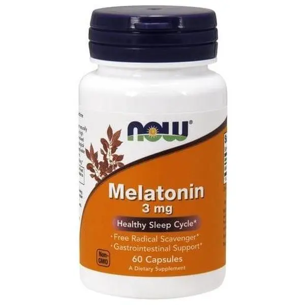NOW Foods Natural Melatonin 3mg Vitamin Capsules - 60 Count Dietary Supplement, Drug-Free Adult Sleep Aid for Good Night Sleep, Brain Health Support, Antioxidant Radical Scavenger, Digestive Support, Not Manufactured with Corn