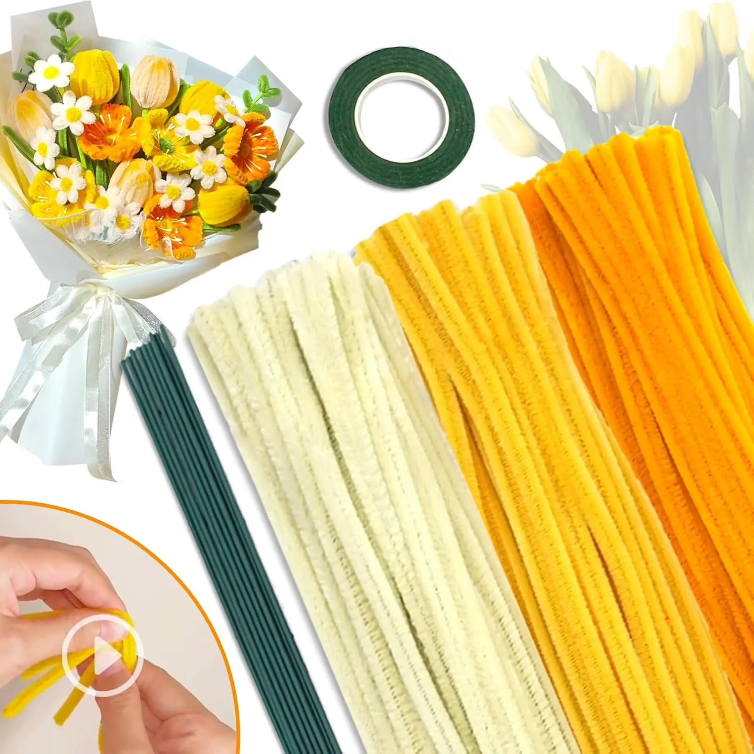 Pipe Cleaners Kit for DIY Artificial Rose, Mothers & Classroom Teachers - 311-Count Craft Set with 300 Yellow Shed-Resistant High-Density Chenille Stems, 10 Flower Stems, Green Tape, Durable DIY Handcraft Material for Hands-On Learning, High-Density Fiber