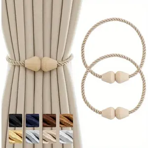 2pcs Curtain Tiebacks Wooden Magnetic Curtain Tie Backs Boho Rope Curtain Holders for Drapes Handmade Window Curtain Holdbacks, Beige Home Decor
