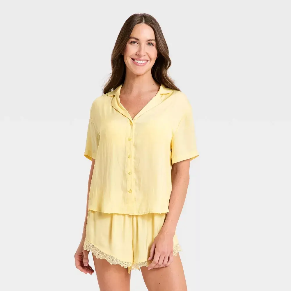 Women's Luxury Collection Satin Notch Collar Top and Lace Trim Shorts Pajama Set - Auden