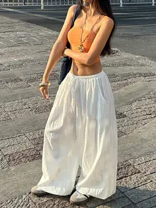 Women's Textured Wide Leg Pants, Drawstring Waist, Skin-Friendly, Slimming, Fit, Pear Shape Friendly, Casual, Versatility Summer