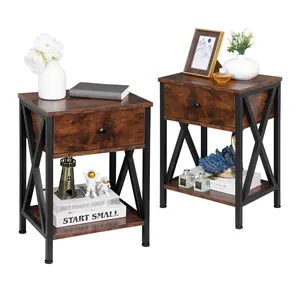 SUPERDEAL 2PCS Modern X-Design End Table with Metal Frame, Drawer Storage Organizer, Brown Indoor Furniture for Living Room Organization