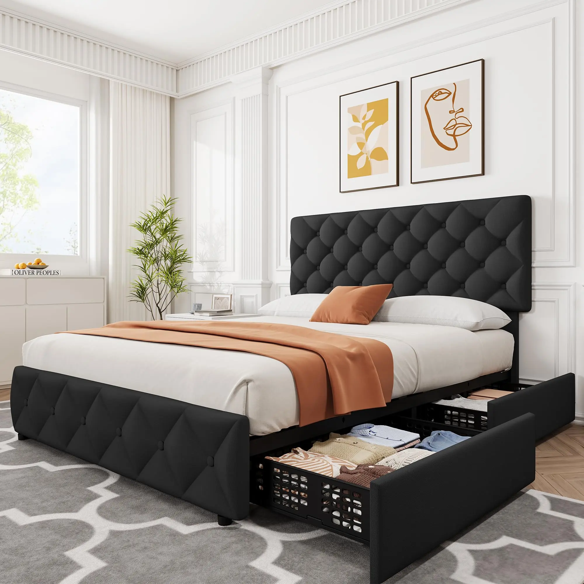 Black Queen Size Linen Upholstered Platform Bed Frame with Adjustable Headboard, 4 Drawers, Wooden Slats Supports, No Box Spring Needed, Diamond Stitched Button Tufted Design, EVA Sponge, 1000 lbs Capacity, 27.6"l x 19.7"w x 5.5"h, Assembly Required, Sile