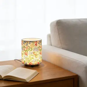 Small Bedside Lamp, Bohemian Style Living Room Table Lamp, USB Powered Night Light, Linen & Floral Cloth Shade, Fabric Lampshade, Metal Base, Kids' Room Decor
