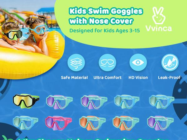 [Creator’s Pick] Vvinca 2 Pack Kids Swim Goggles with Nose Cover for 3-15,Kids,Youth,UV Protection Anti-Fog Shatterproof Waterproof Diving Mask for Boys and Girls - Safety anti-uv swimming goggles swim glass anti-fog for Lake,Beach, Summer Party