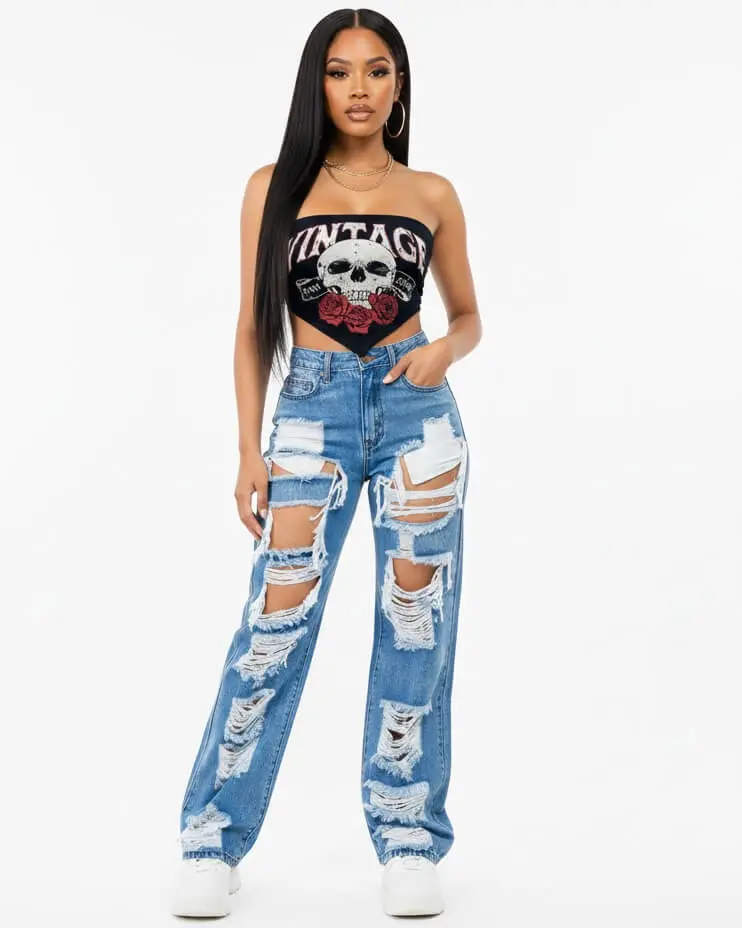 Distressed Wide Leg High Waisted Ripped Denim Jeans for Women and Teenagers
