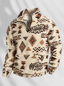 Men's Winter Tribal Print Sherpa Hoodie with Kangaroo Pocket | Warm Fleece Quarter Zip Thermal Sweatshirt | Casual Streetwear Pullover for Camping, Ski Trip & Outdoor Cabin Vibes