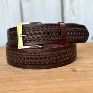 Brown Oiled Leather Basketweave Belt with Metal Buckle - Men’s Leather Belts