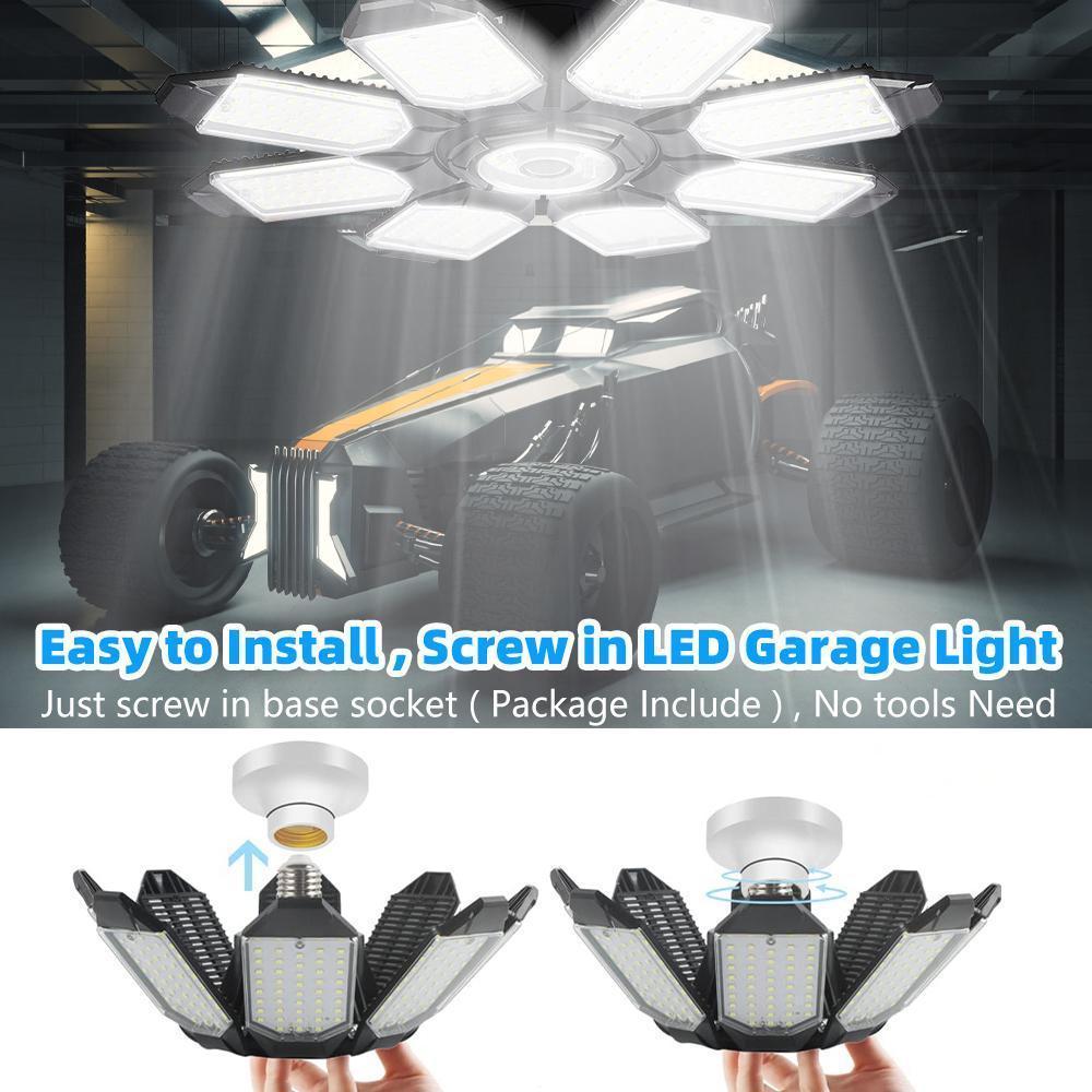200W LED Garage Light, Deformable Ceiling Light with 8+1 Panels, 6500K, E26/E27 Screw-in Bulb, for Workshop, Storage, Warehouse, Attic