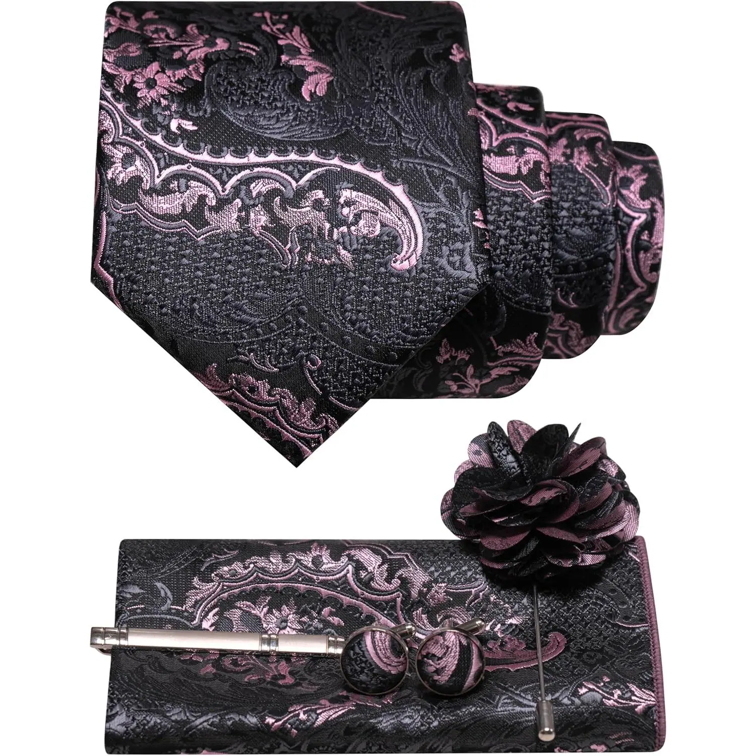 Men's 5PCS Formal Accessory Set - Long Tie Neckties, Elegant Semi-Formal Colorful Boxed Neckties with Pocket Square, Lapel Pin, Cufflinks, Tie Clip & Gift Box