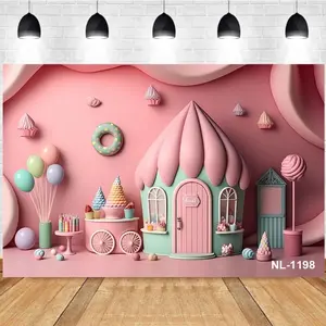 Photography Background Pink Candy House Donut Balloons Childlike Scene Children's Birthday Party Photo Studio Backdrop