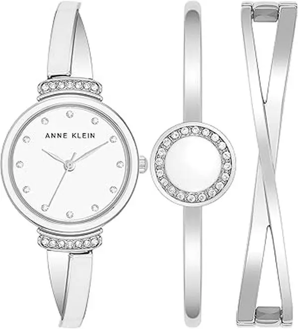 Anne Klein Premium Crystal Accented Bangle Watch and Bracelet Set AK/3293WTST