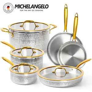 Michelangelo Triply Stainless Cookware Set 10 Piece Hammered Stainless Steel Pots Saucepans and Pans with Golden Handle and Lids Premium Induction Kitchen Cookware Oven Safe Easy To Clean